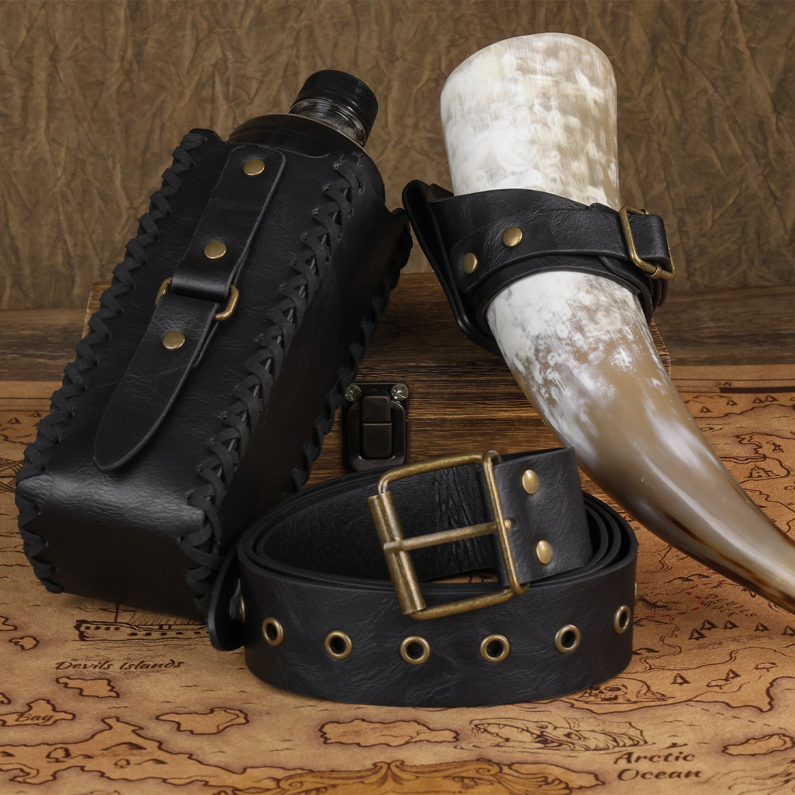 HiiFeuer 3Pcs Medieval Belt with Bottle Beer Holster