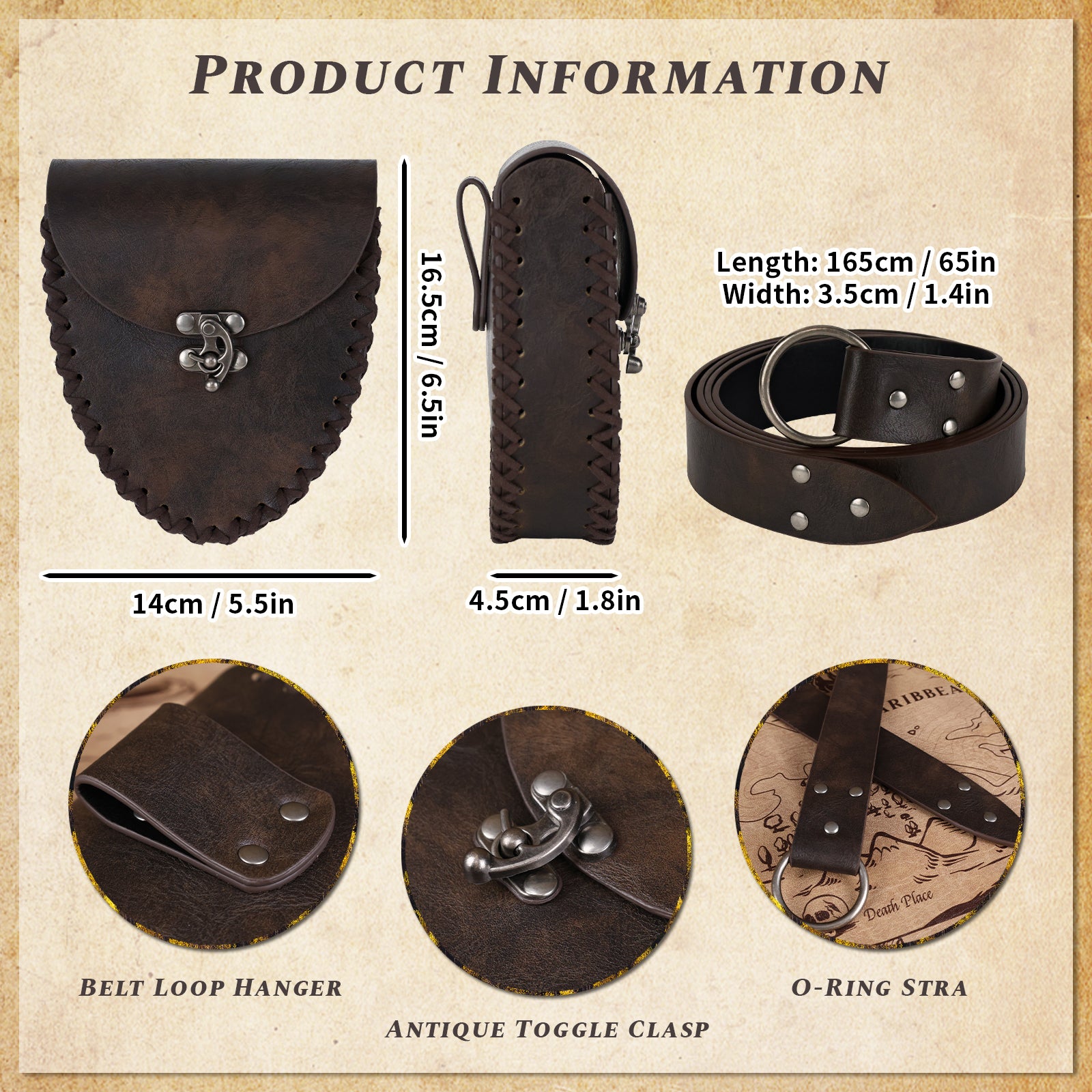 HiiFeuer Medieval Faux Leather Belt with Viking Waist Bag