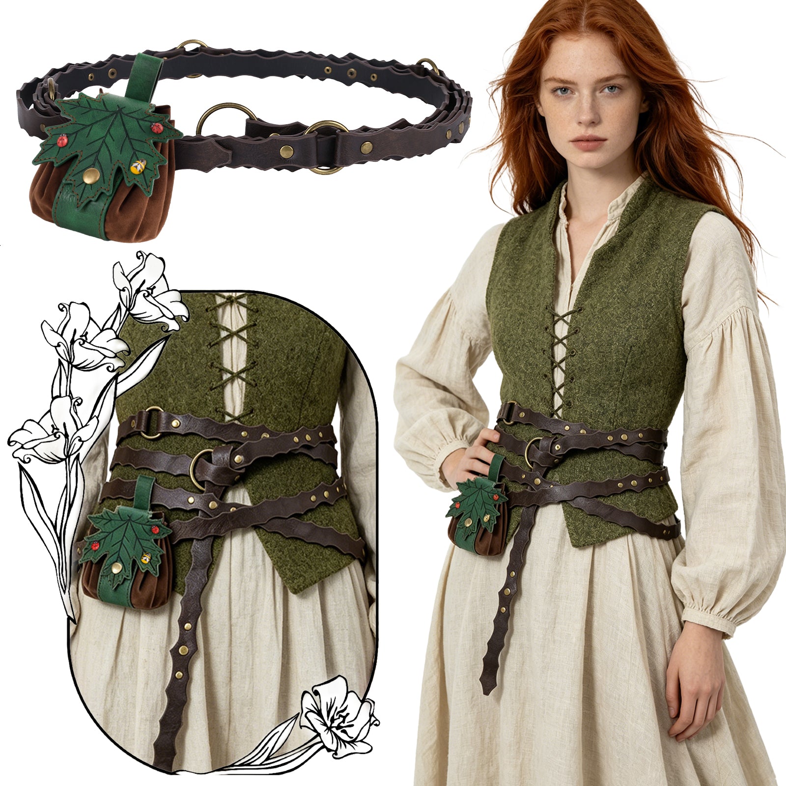 HiiFeuer Medieval Belt Renaissance Leaf Purse