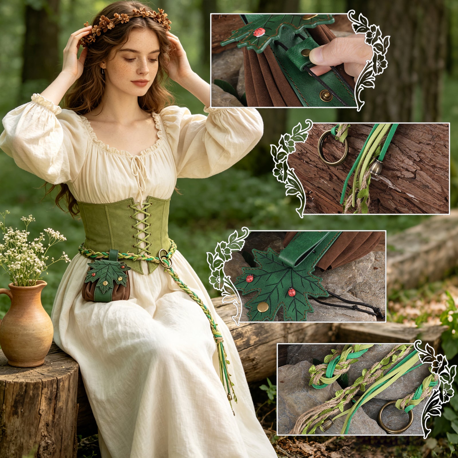 HiiFeuer Medieval Belt Renaissance Leaf Purse